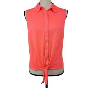 Tresics Pink Shirt Womens Sz S Neon Tie Waist Sleeveless Button Up Knit Tank Top